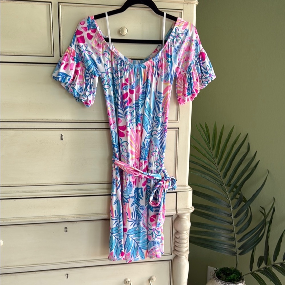 Lilly Pulitzer Samia Off Shoulder Romper S, Resort White Rainforest Retreat. - Picture 3 of 7